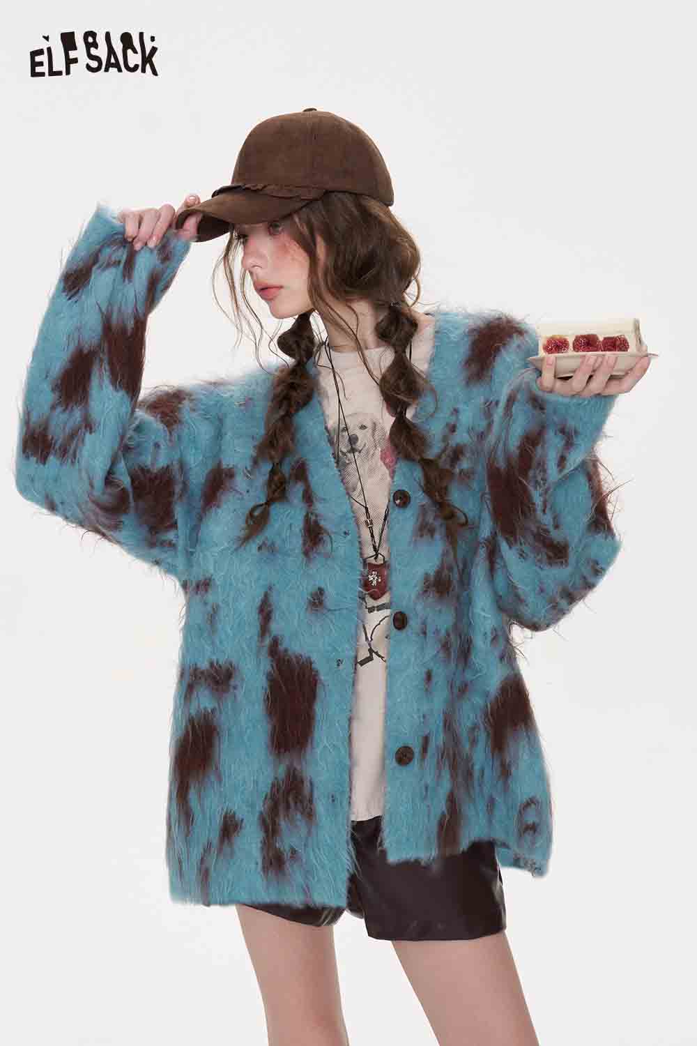 Fuzzy Cow Print V-Neck Knit Cardigan