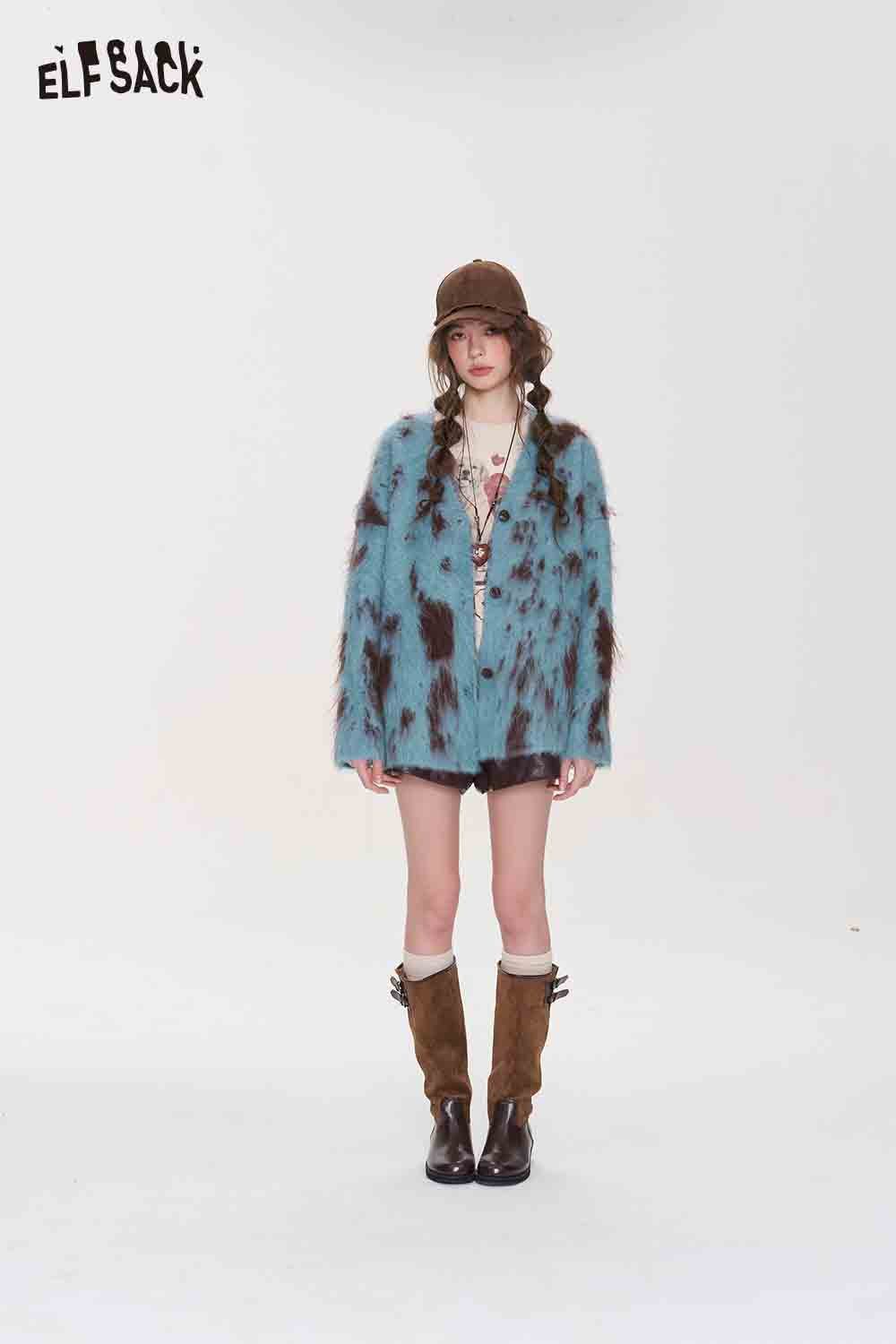 Fuzzy Cow Print V-Neck Knit Cardigan