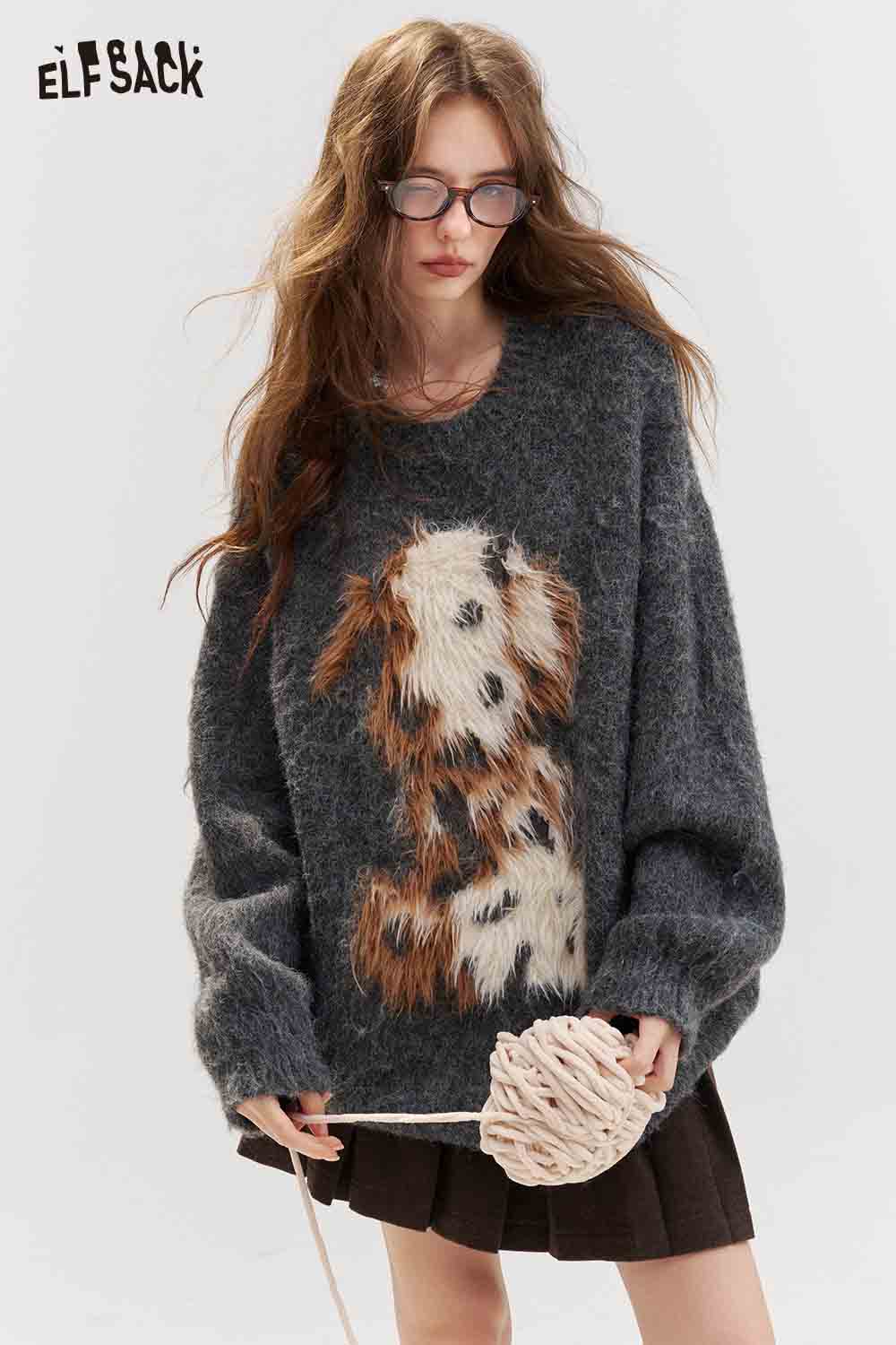 Fuzzy Dog Graphic Oversized Sweater