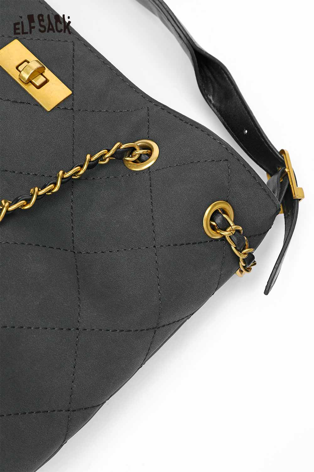 ELFSACK genuine leather bucket bag in gray with quilted design and gold hardware accents