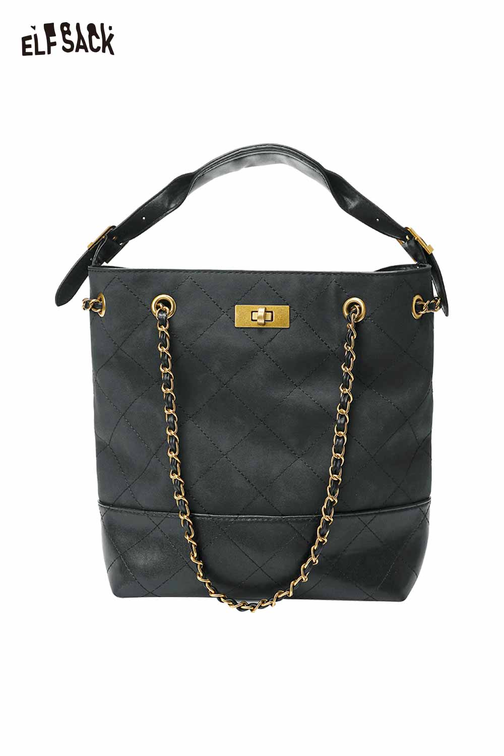ELFSACK genuine leather bucket bag in black with quilted design and gold chain strap