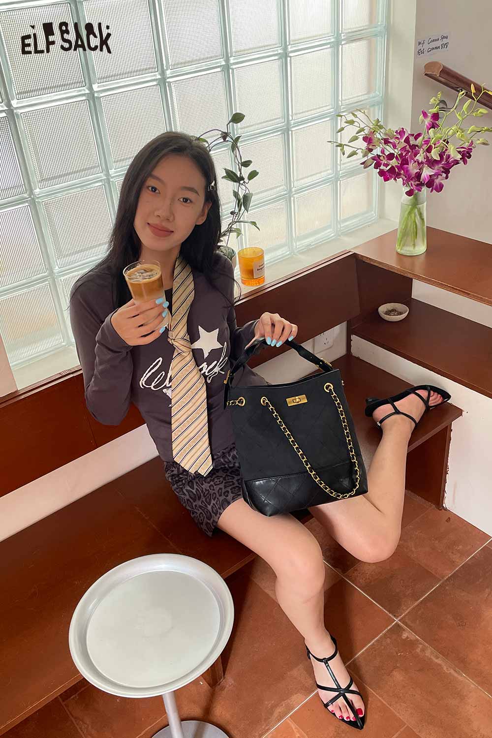 ELFSACK genuine leather bucket bag in black, stylish and versatile for everyday use