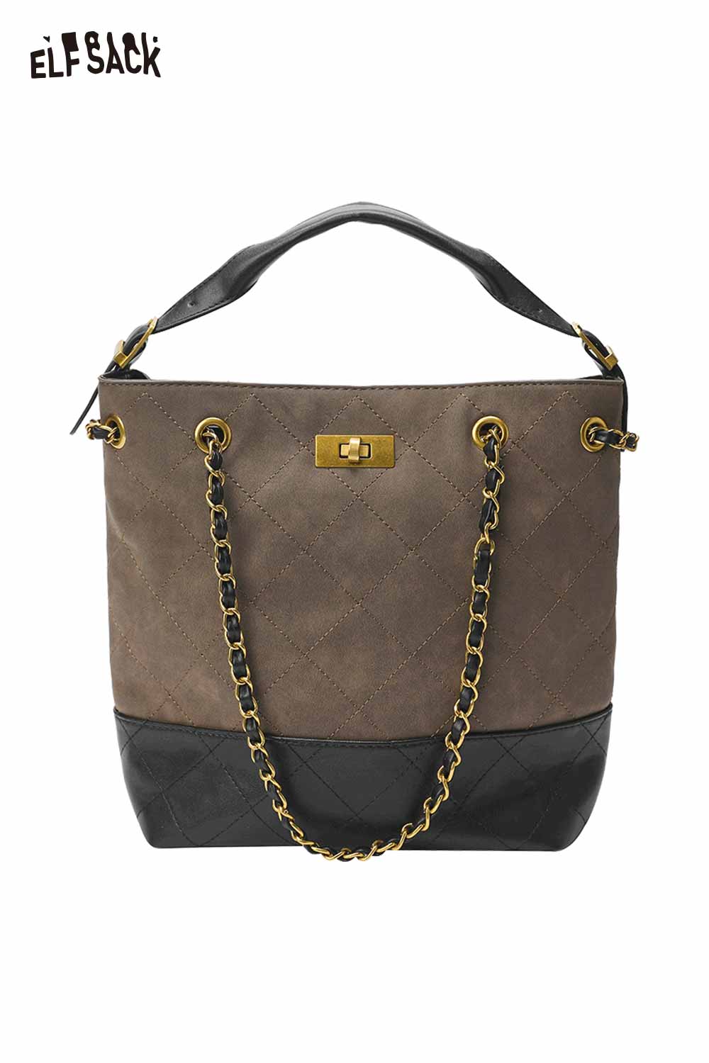 ELFSACK genuine leather bucket bag with quilted texture and gold-tone chain strap
