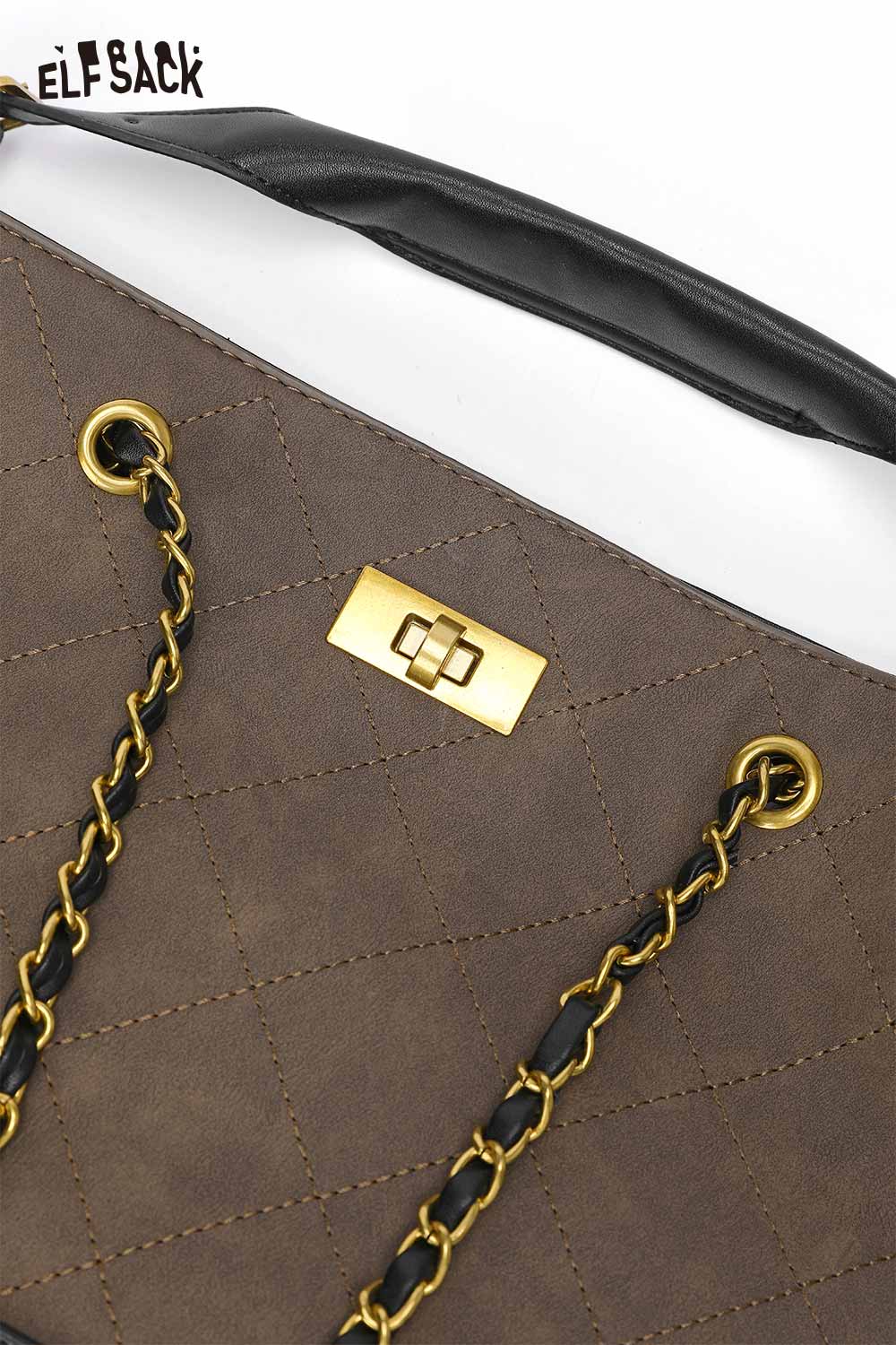 ELFSACK genuine leather bucket bag with quilted design and decorative gold chain straps