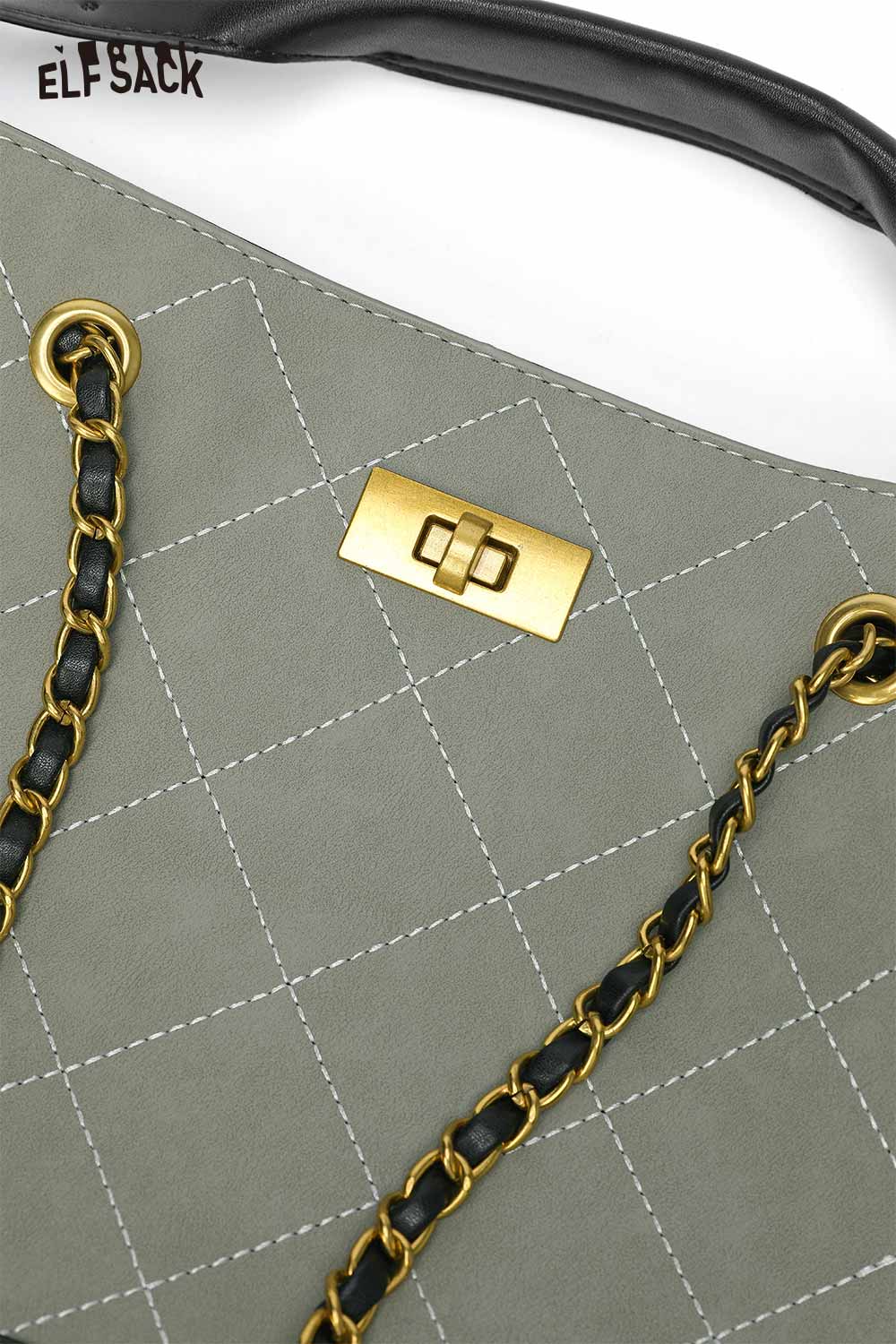 ELFSACK Genuine leather bucket bag with stylish quilted design and elegant gold hardware