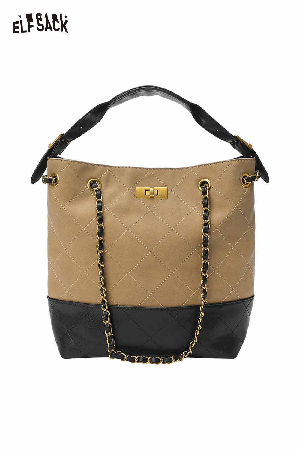 ELFSACK genuine leather bucket bag with stylish quilted design and chain detail