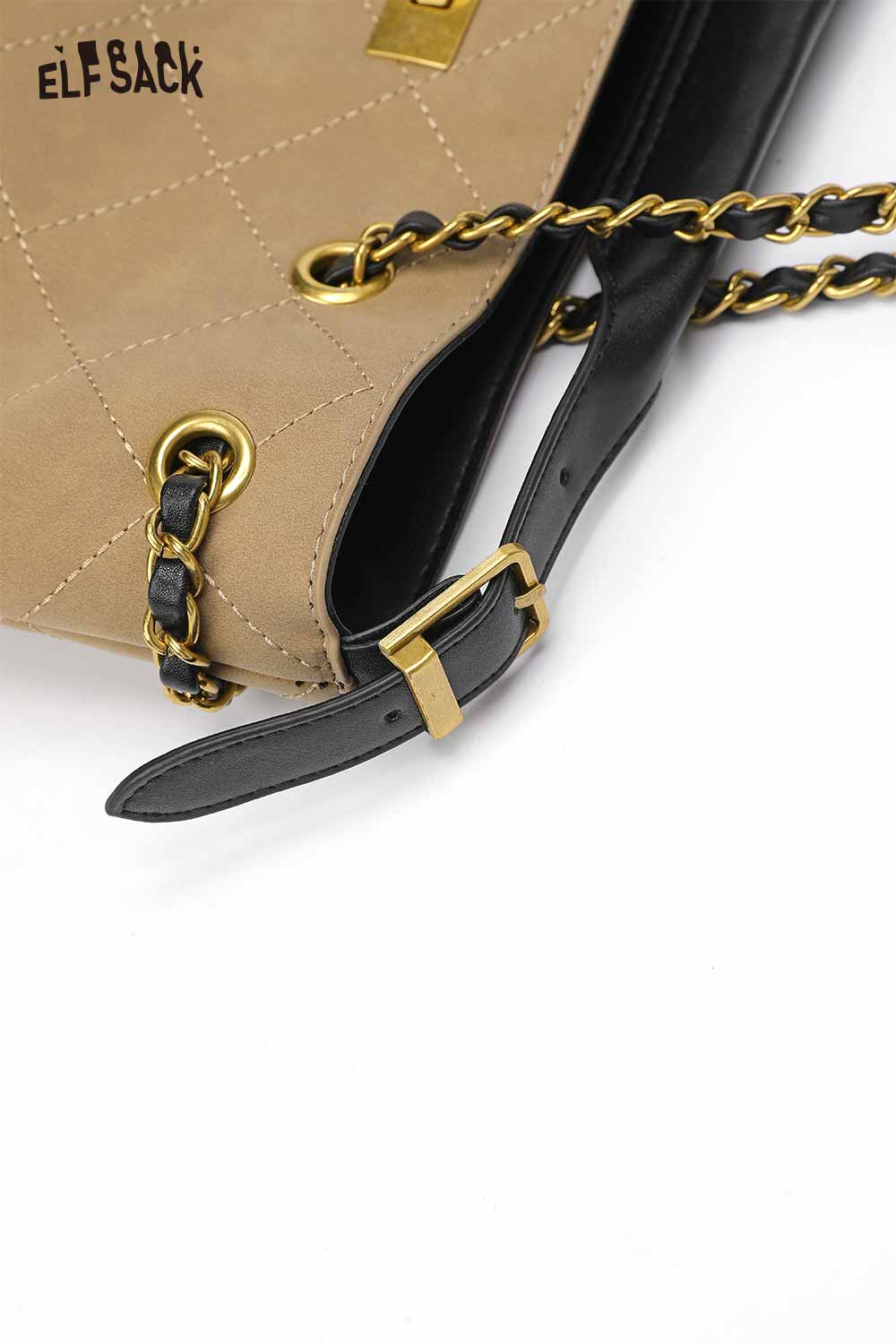 ELFSACK genuine leather bucket bag featuring a stylish quilted design and gold chain accents