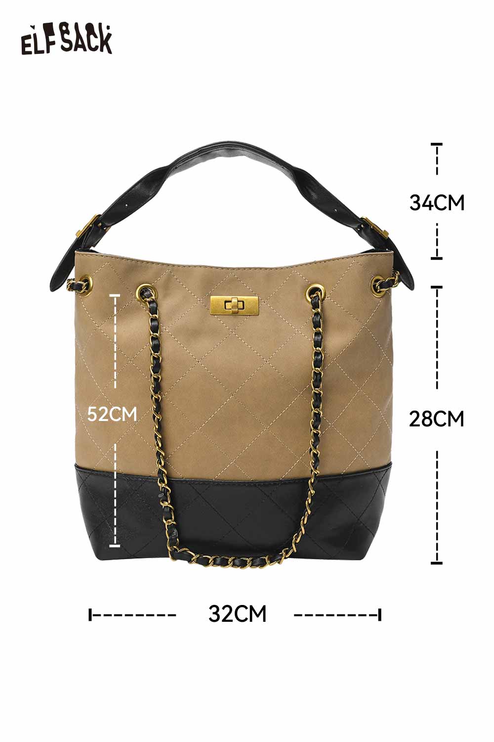 ELFSACK genuine leather bucket bag with gold chain detail and stylish two-tone design