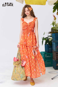 ELFSACK Gingham Fruit Print Tiered Slip Dress