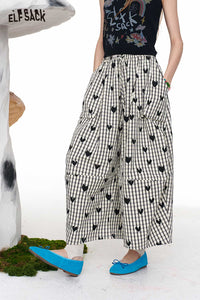 ELFSACK Gingham Heart Print Wide Leg Pants
