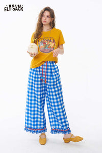 ELFSACK Gingham Ruffle Hem Beaded Wide Pants