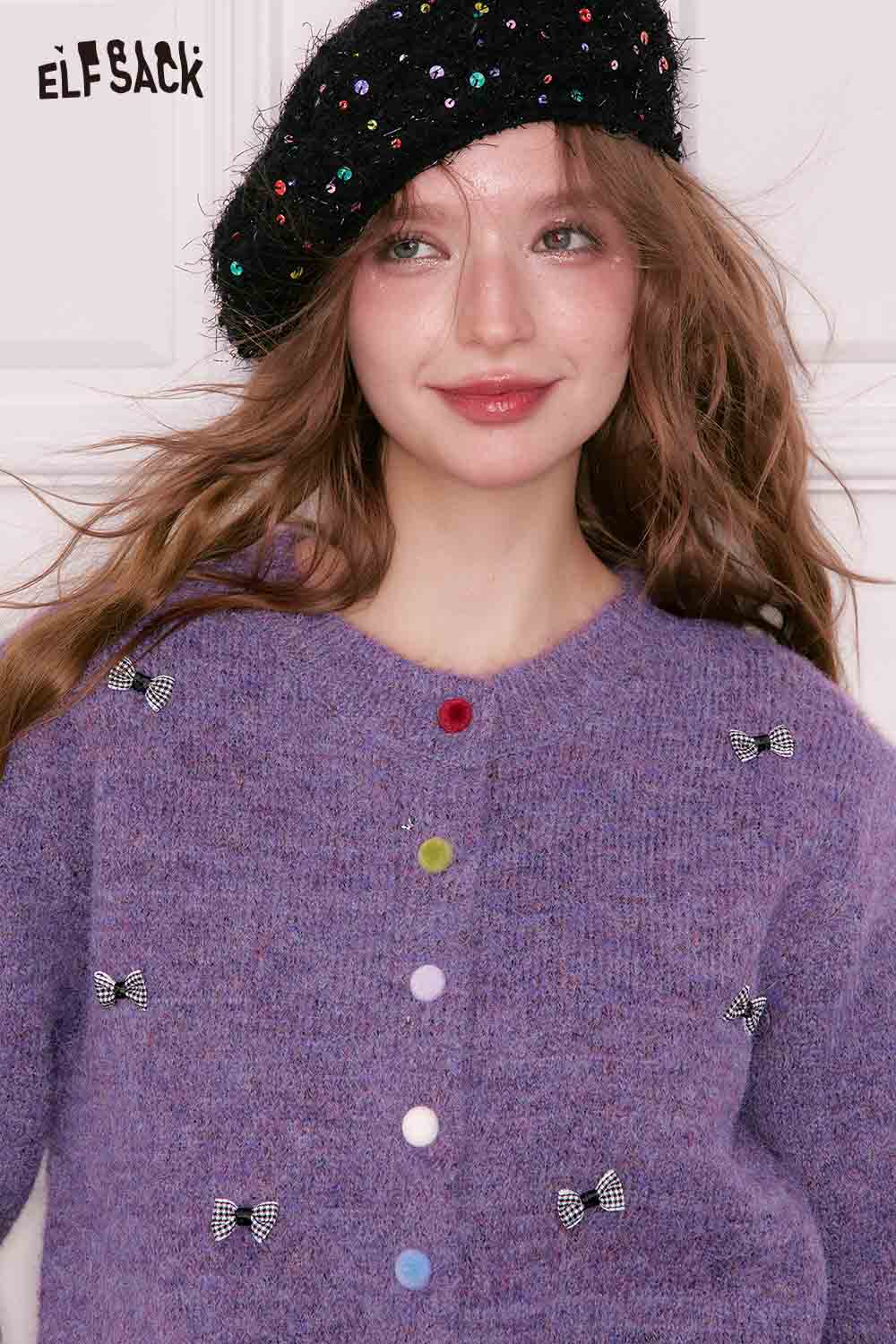 ELFSACK girly bow cardigan in purple with colorful buttons and decorative bows for a stylish look
