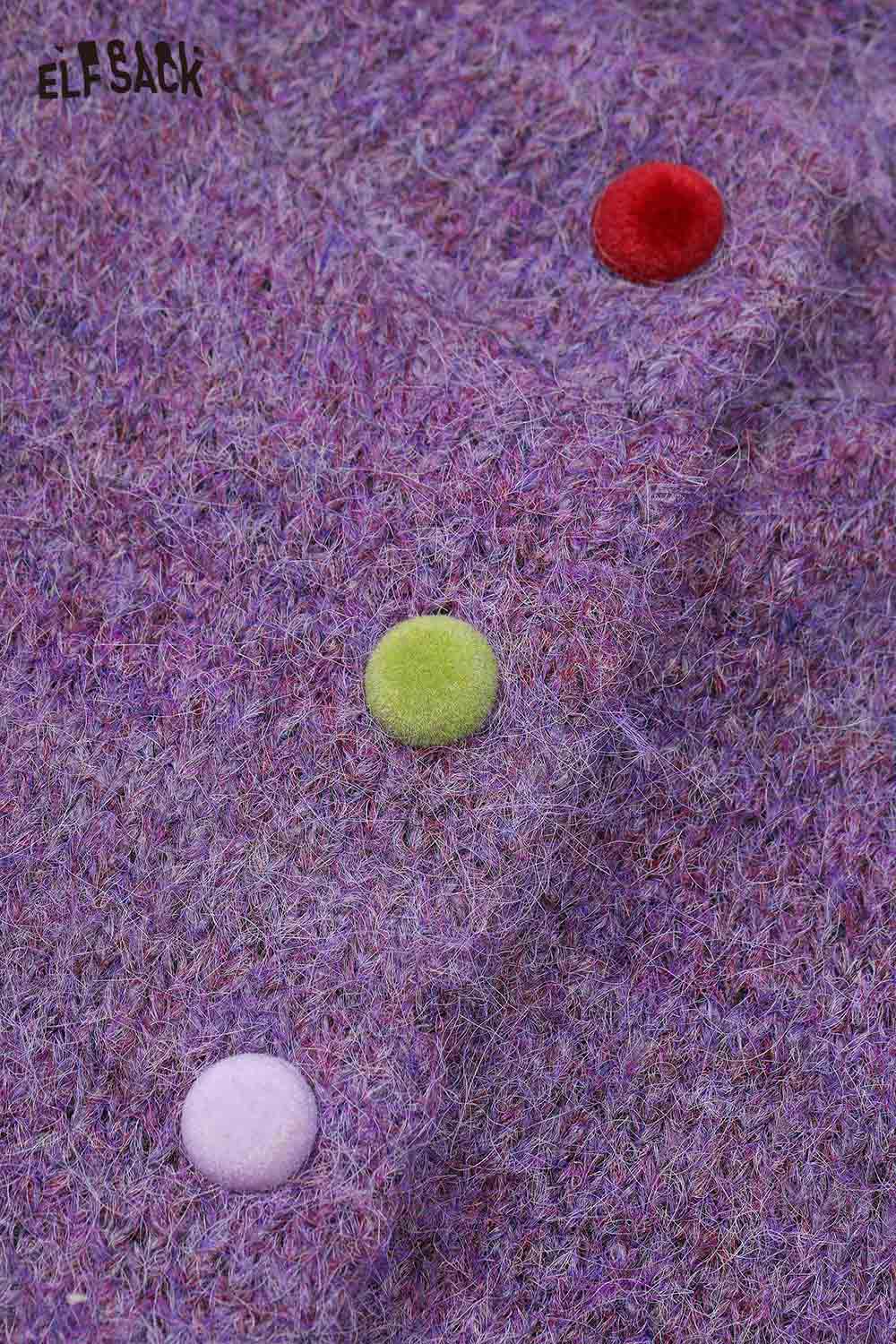 ELFSACK girly bow cardigan in purple with colorful felt dot accents for a playful look