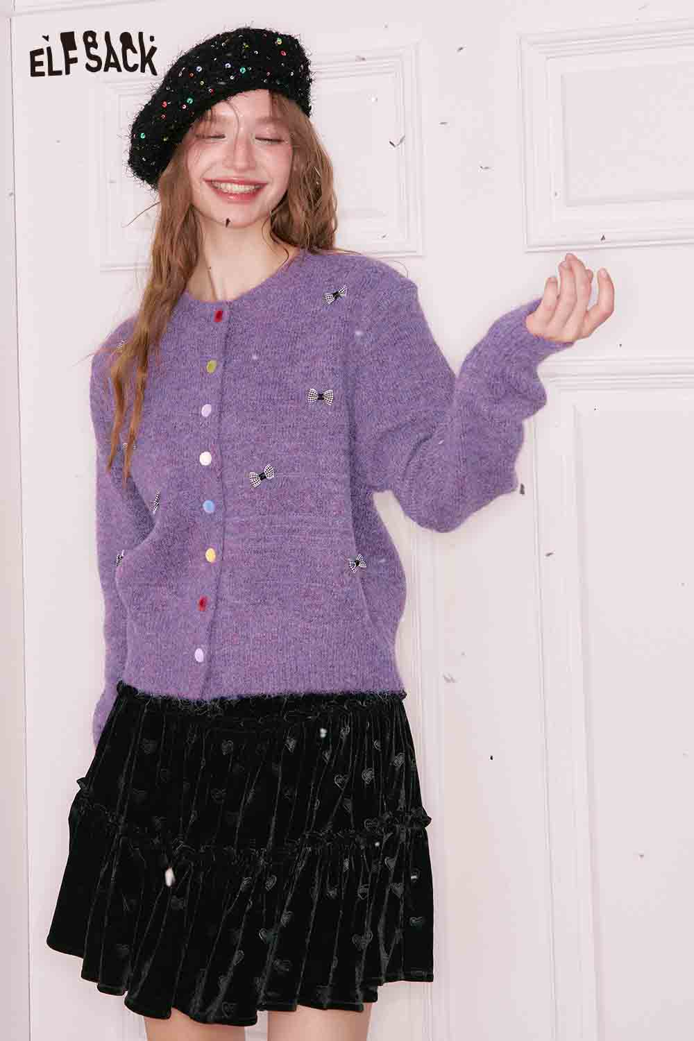 ELFSACK girly bow cardigan in purple with colorful buttons and a cozy, stylish design