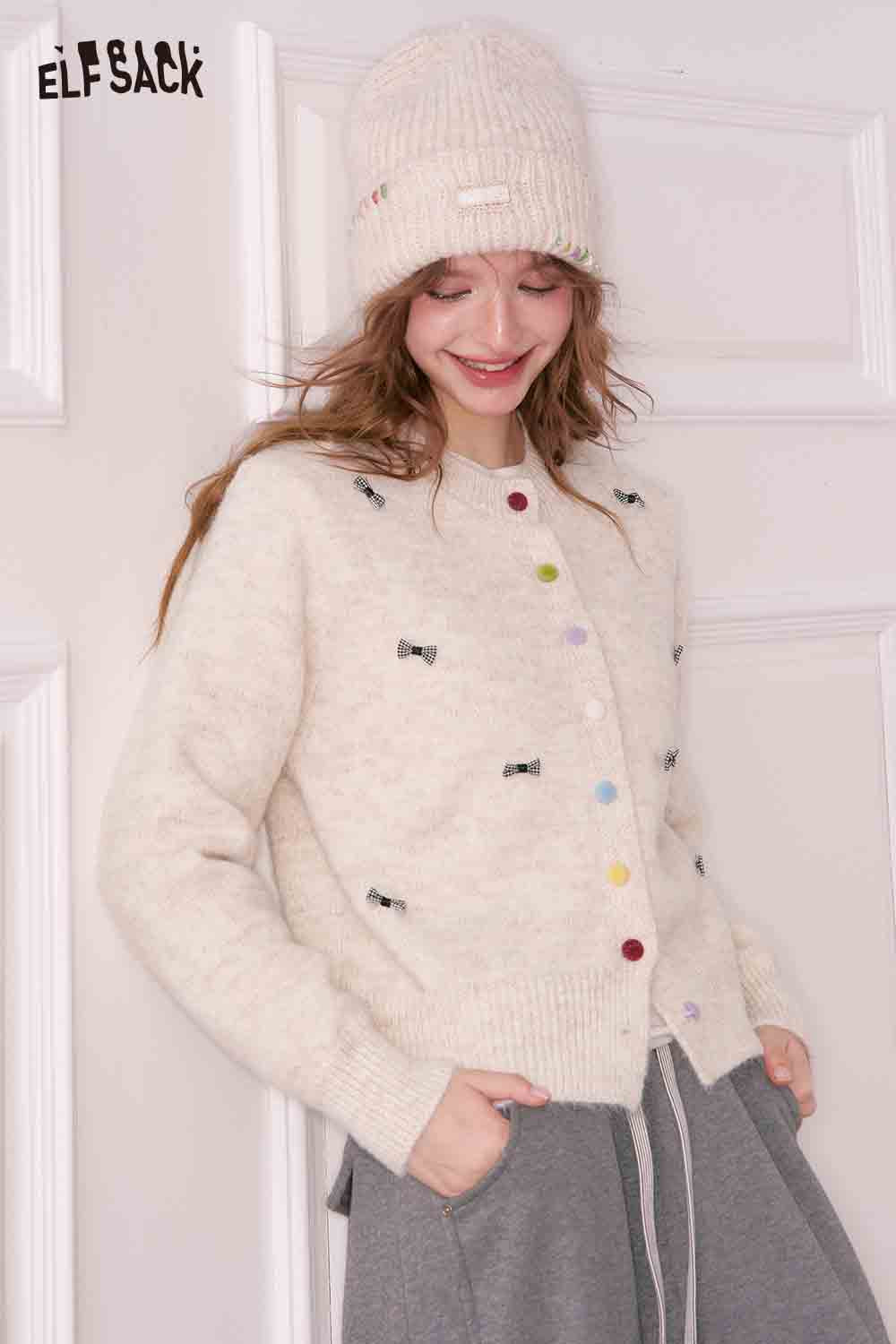 ELFSACK girly bow cardigan in cream with colorful bow details for a stylish look