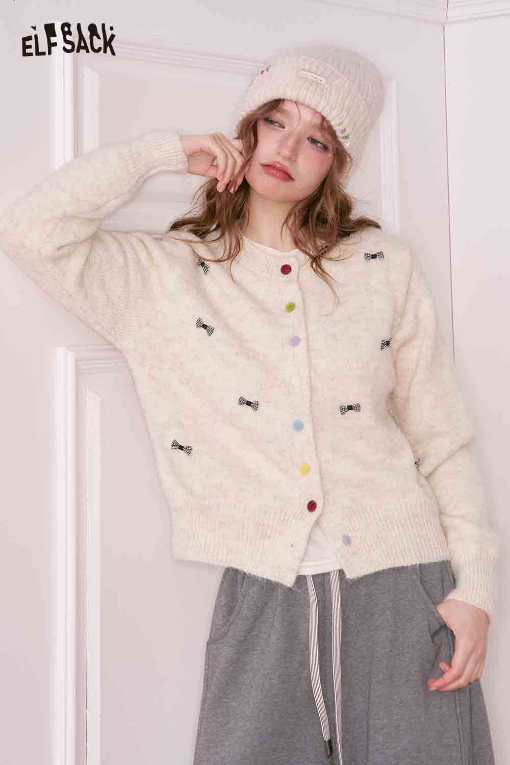 ELFSACK girly bow cardigan in cream with colorful bow details and cozy fit for stylish layering