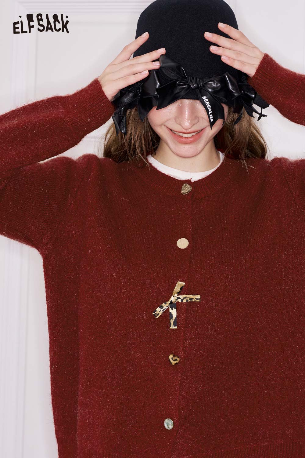 ELFSACK girly leopard bow cardigan in burgundy with unique button design for a trendy look