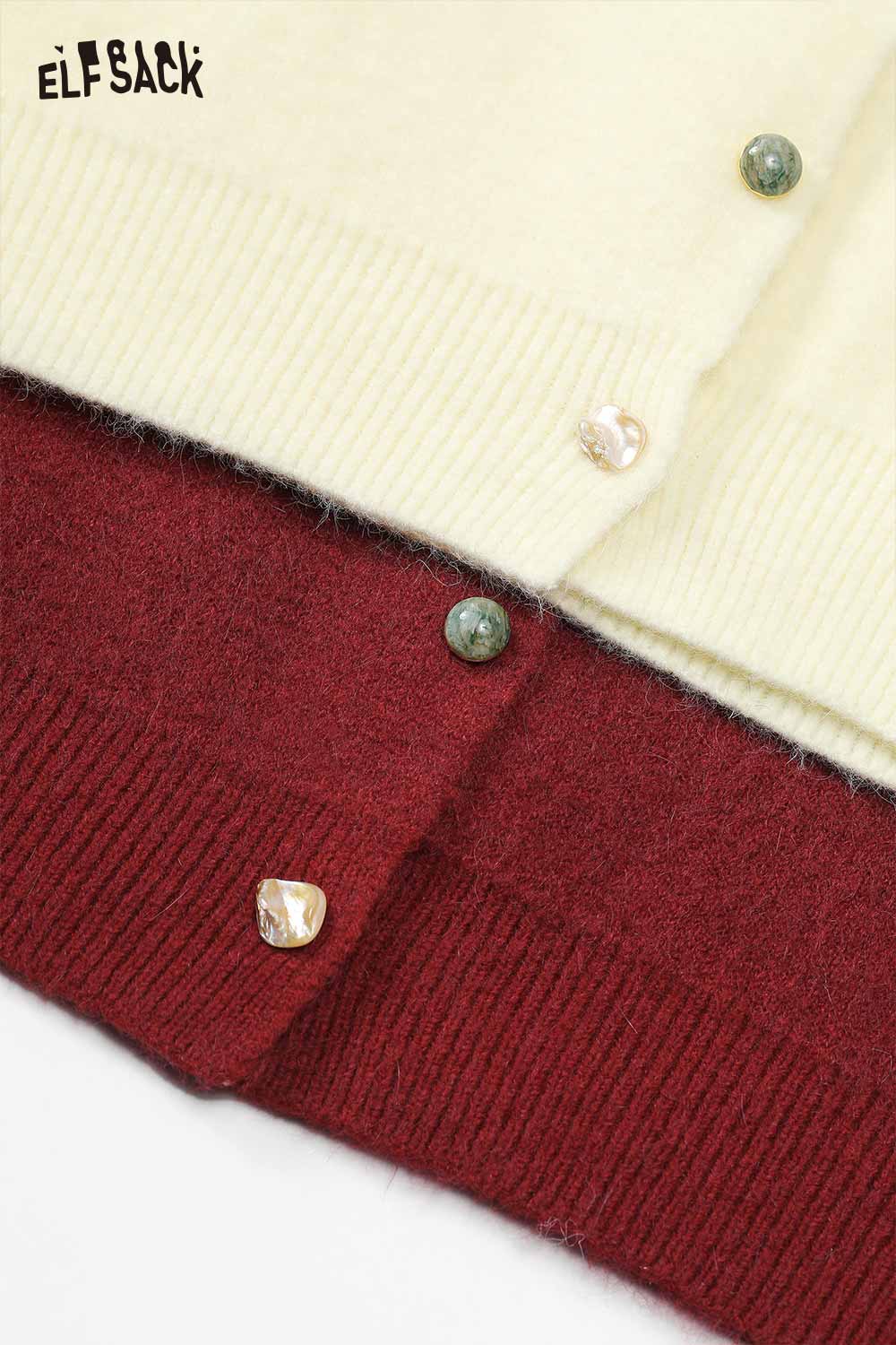 ELFSACK girly leopard bow cardigan with unique button details in cream and burgundy colors