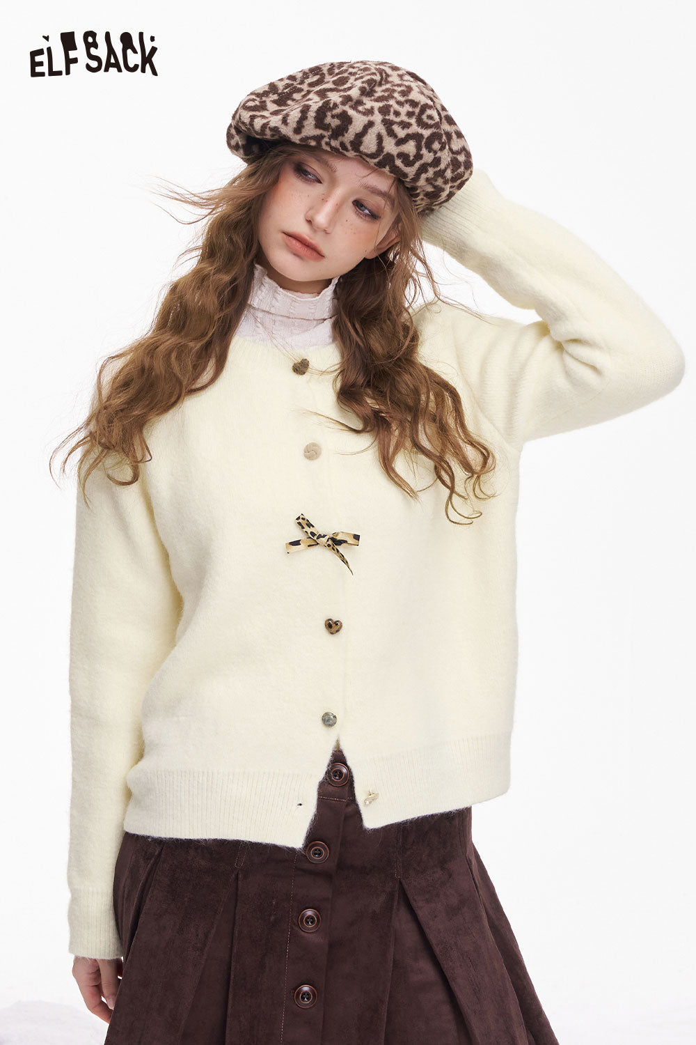 ELFSACK girly leopard bow cardigan in cream with button details and stylish design for casual wear