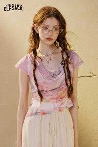 ELFSACK Gradient Floral Butterfly Mesh Tee