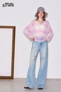 Gradient Pointelle Rhinestone Knit Sweater