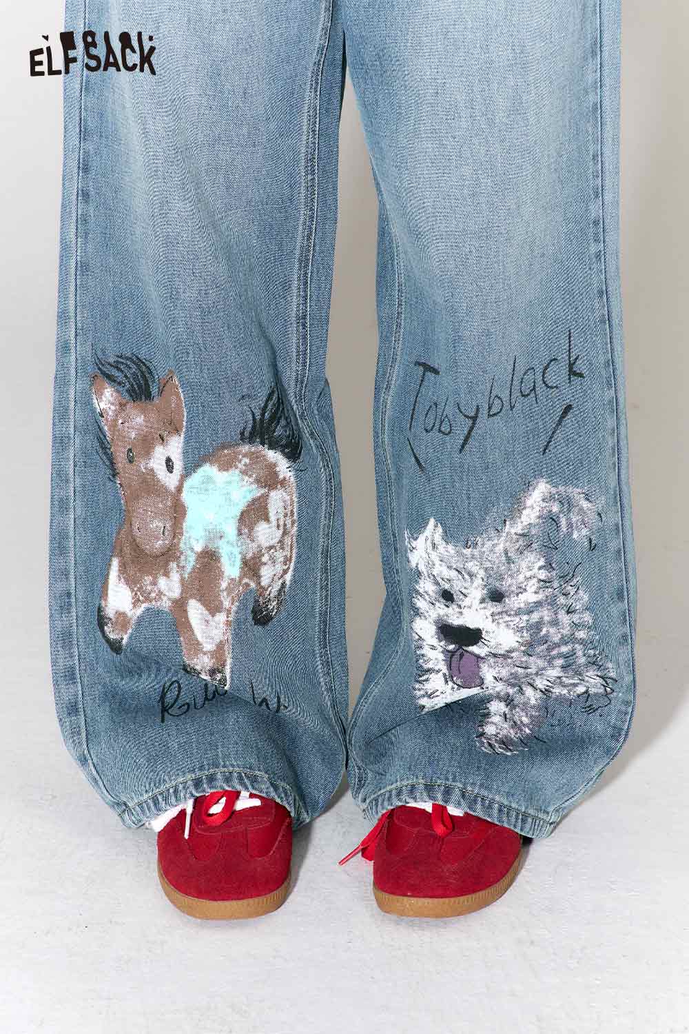 ELFSACK graffiti animal print wide leg jeans featuring playful animal designs on a denim background