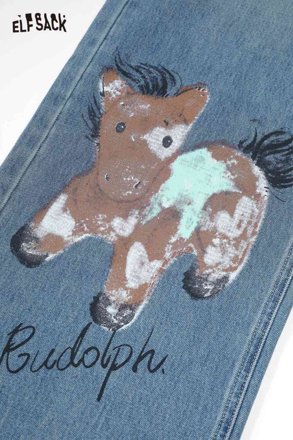 ELFSACK graffiti animal print wide leg jeans featuring a playful horse illustration and a stylish design