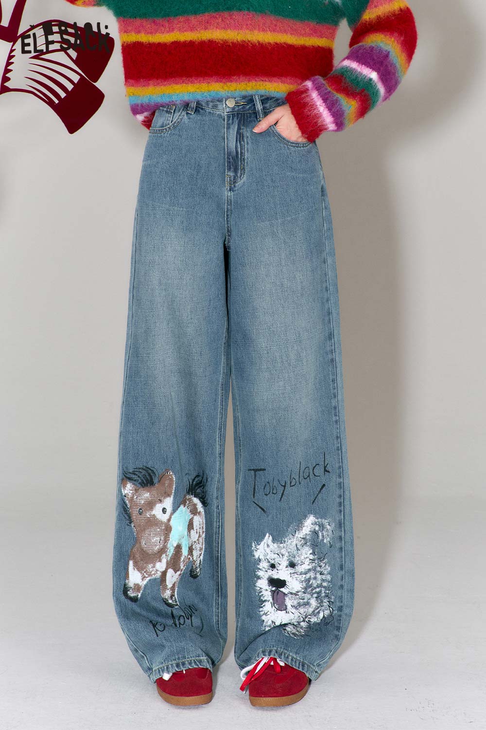 ELFSACK graffiti animal print wide leg jeans featuring fun animal designs and a relaxed fit