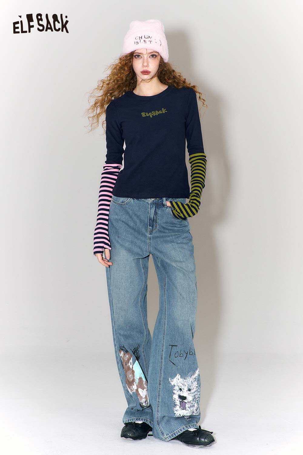 ELFSACK graffiti animal print wide leg jeans with unique designs and a relaxed fit