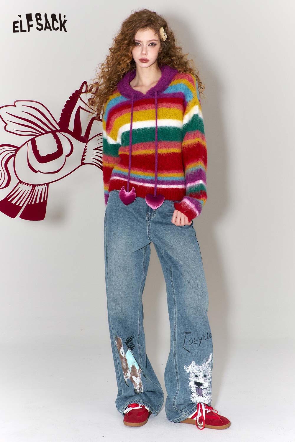 ELFSACK graffiti animal print wide leg jeans featuring unique designs for trendy casual wear