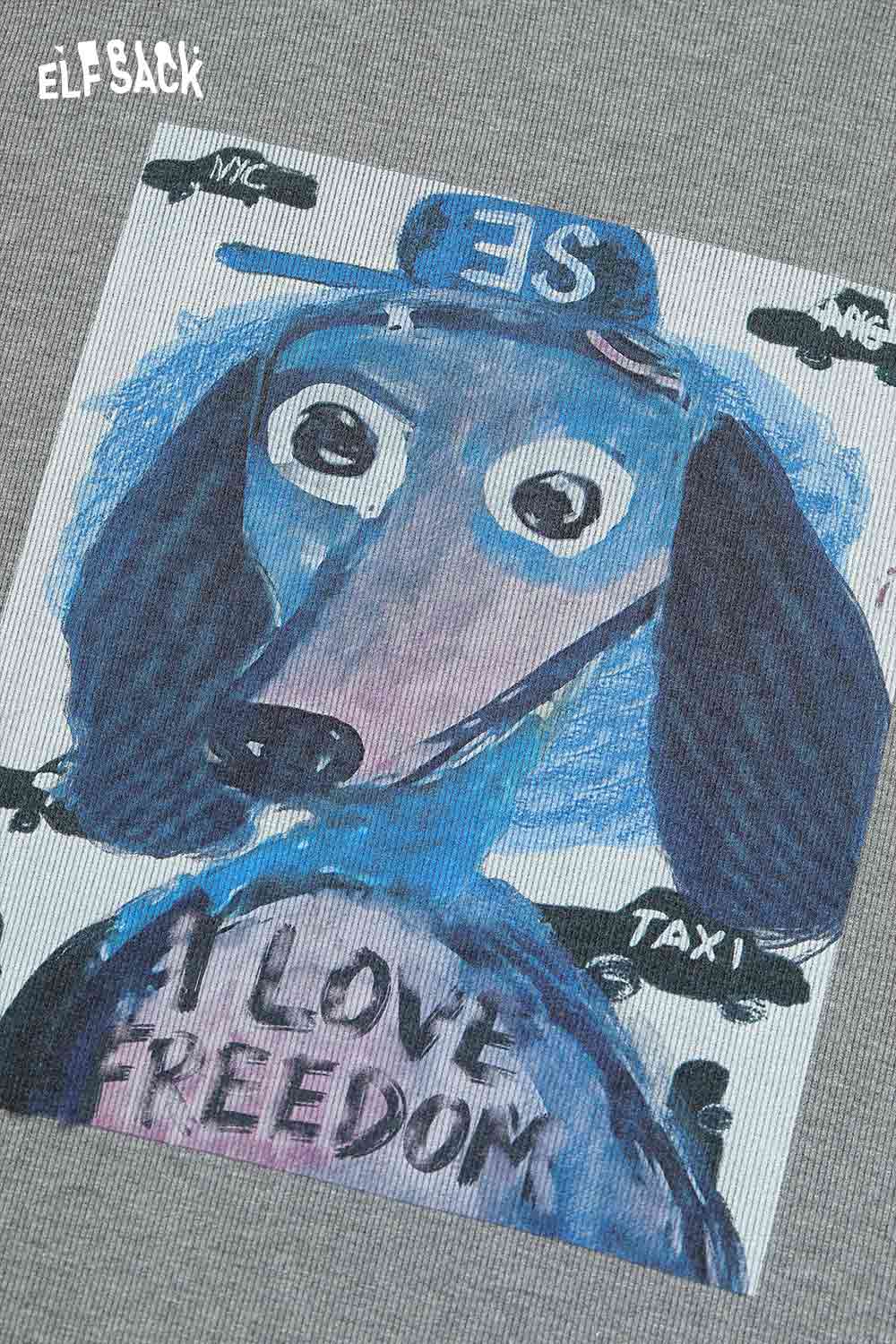 ELFSACK graffiti puppy print t-shirt featuring a colorful dog design and text that says I Love Freedom