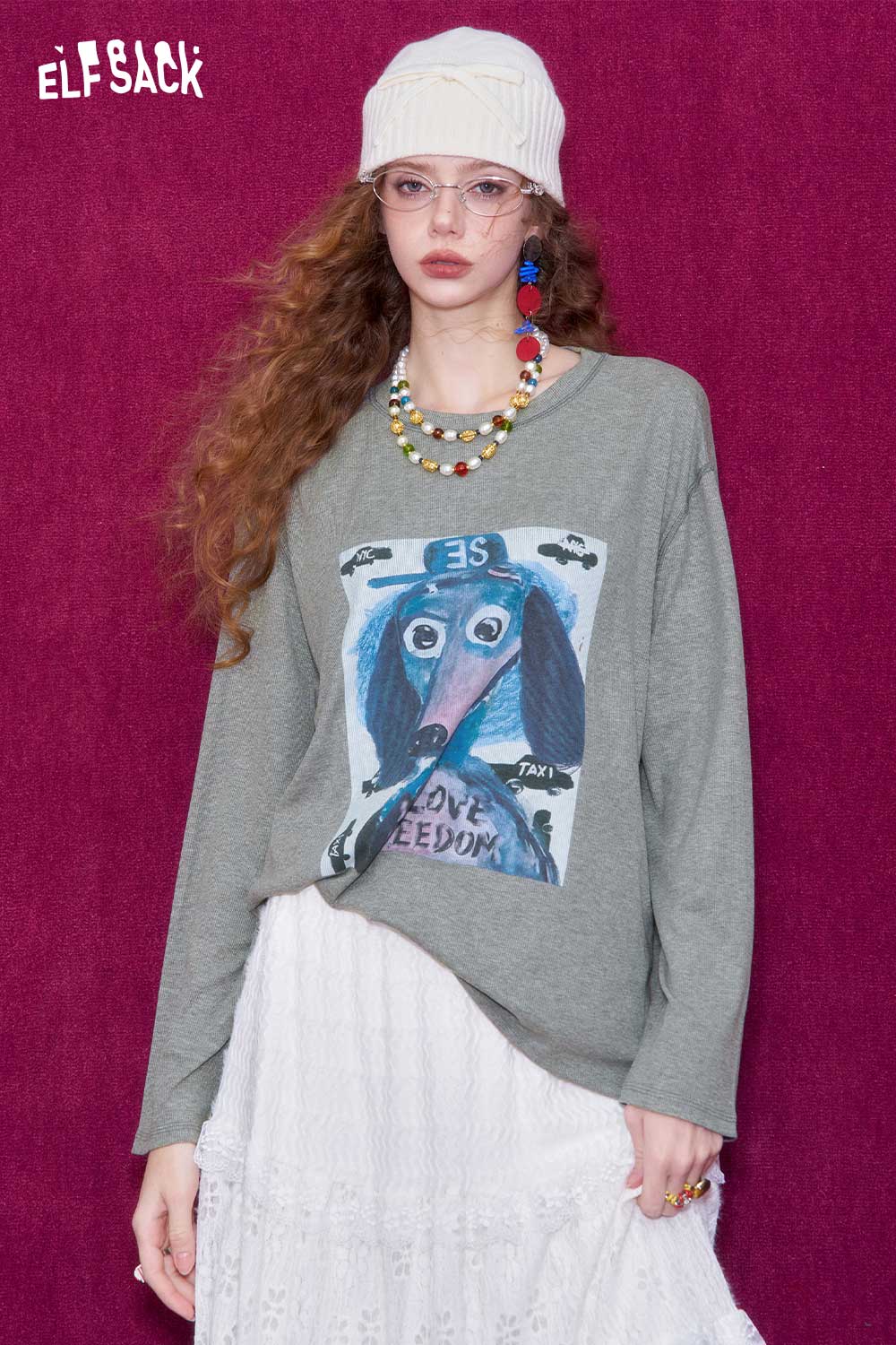 ELFSACK graffiti puppy print t-shirt in gray with colorful dog art design for casual wear