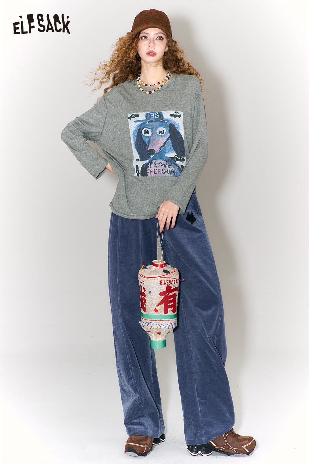 ELFSACK graffiti puppy print t-shirt in gray, featuring a playful puppy graphic on the front