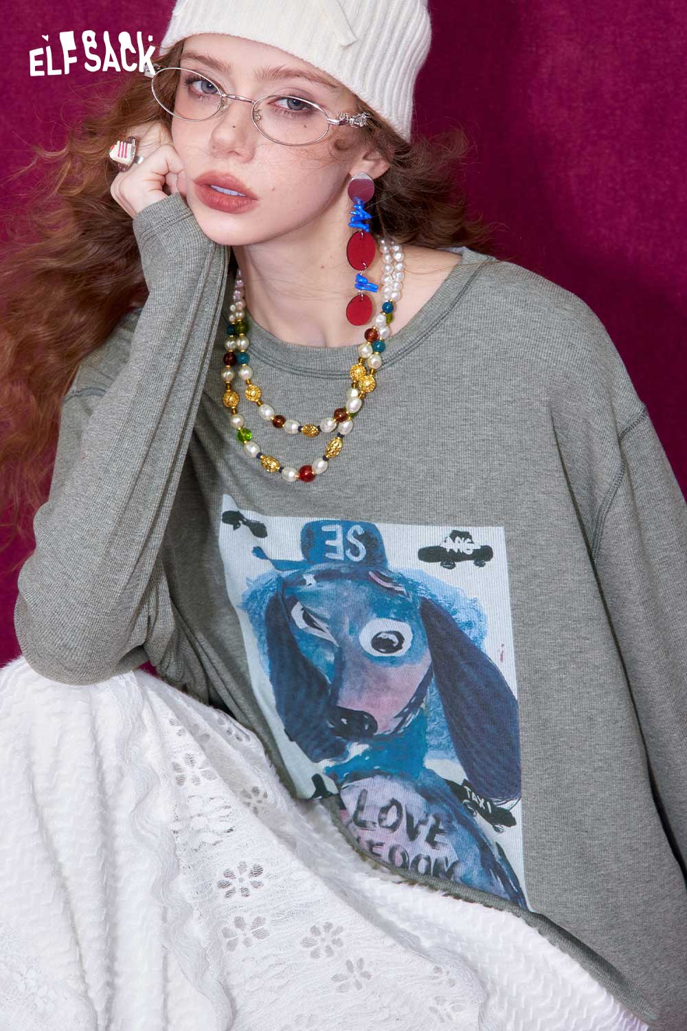 ELFSACK graffiti puppy print t-shirt in gray with playful dog illustration and relaxed fit