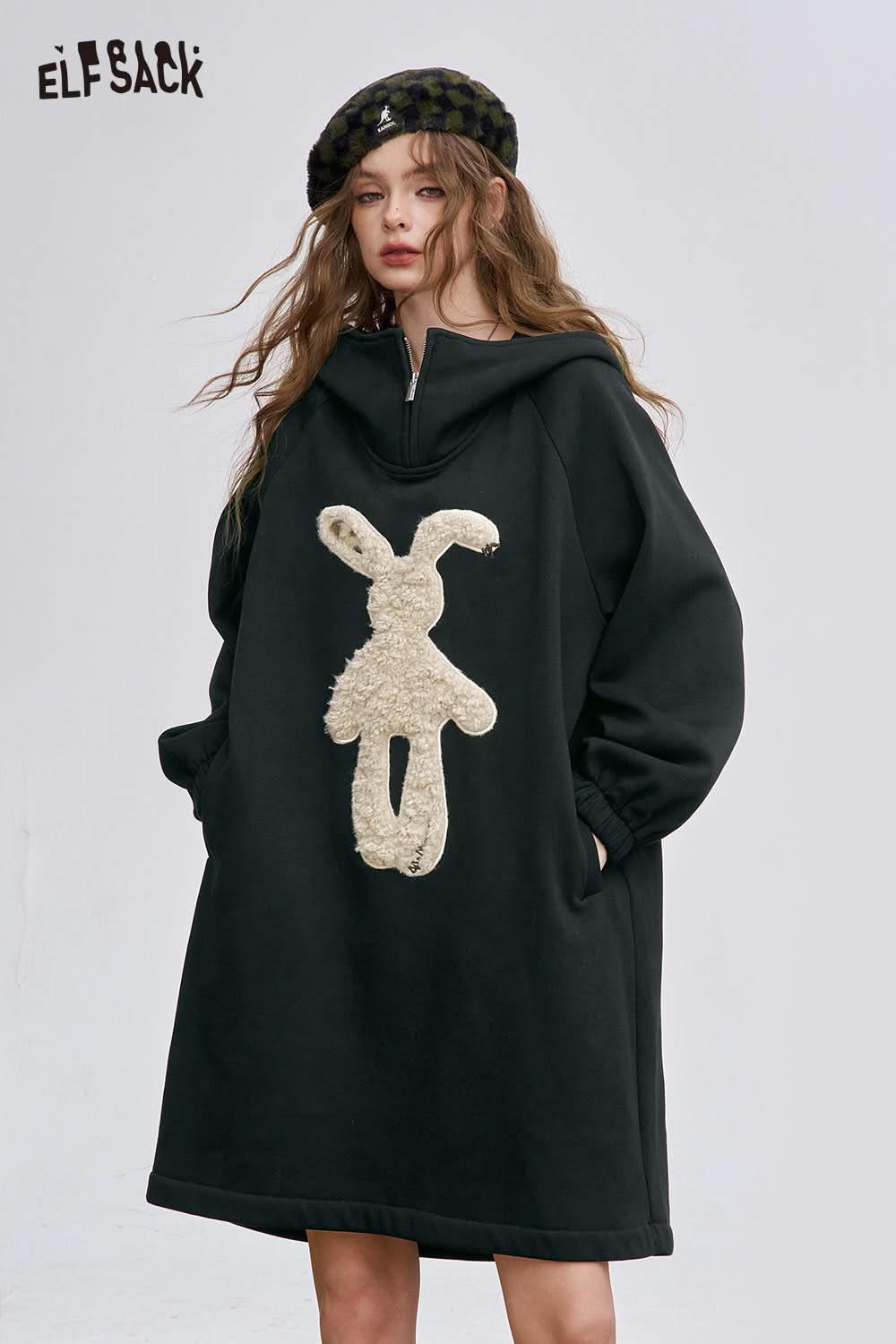 ELFSACK graphic party midi dress for women in black with bunny design and trendy hooded style
