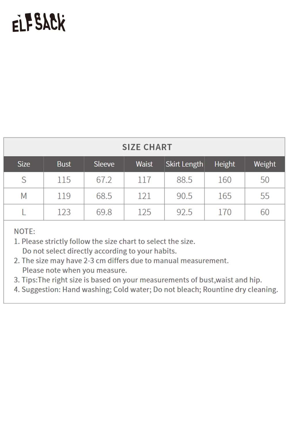 ELFSACK graphic party midi dress for women with size chart detailing measurements for S, M, and L