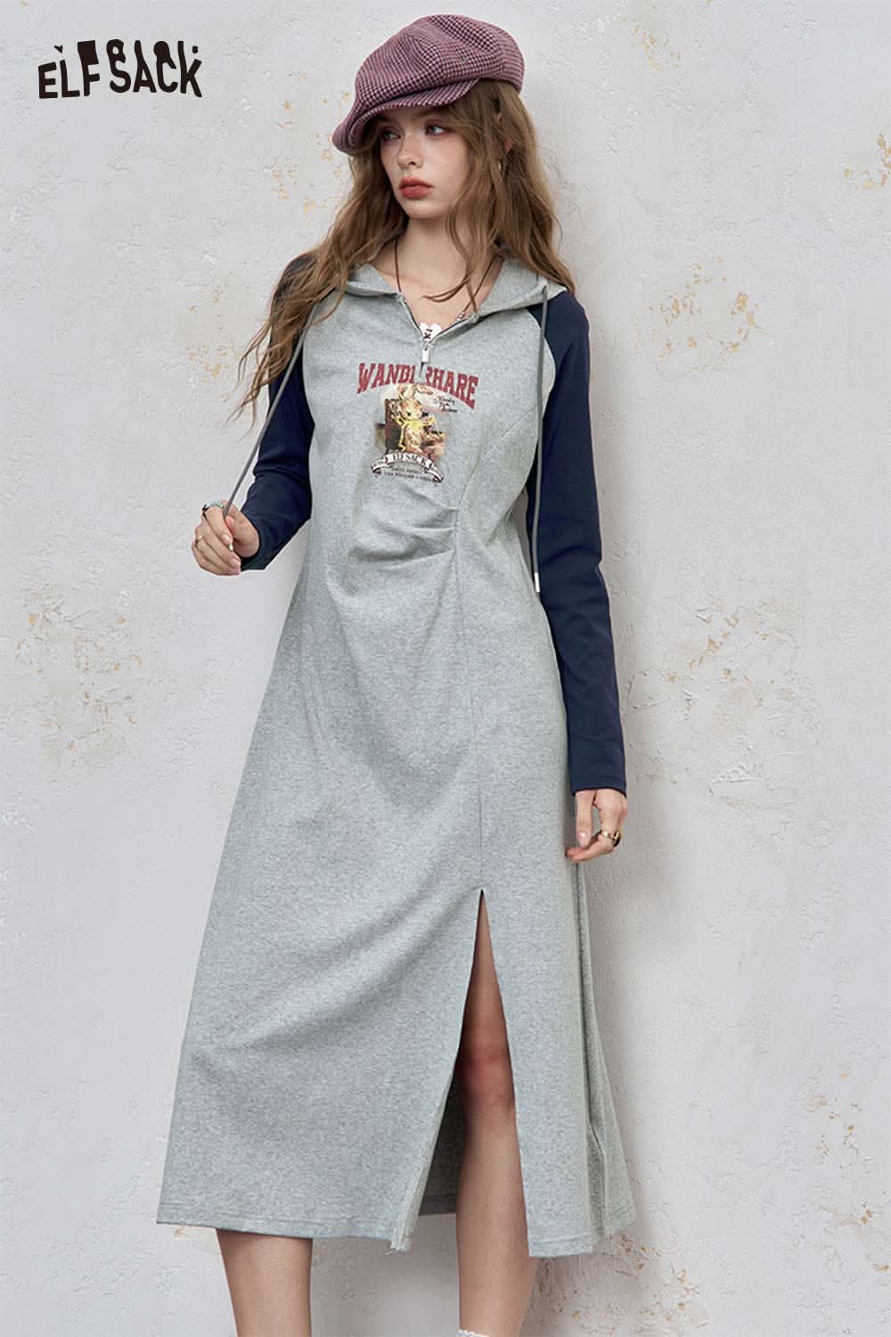 ELFSACK graphic print shirred waist dress with split hem and long sleeves for a stylish look