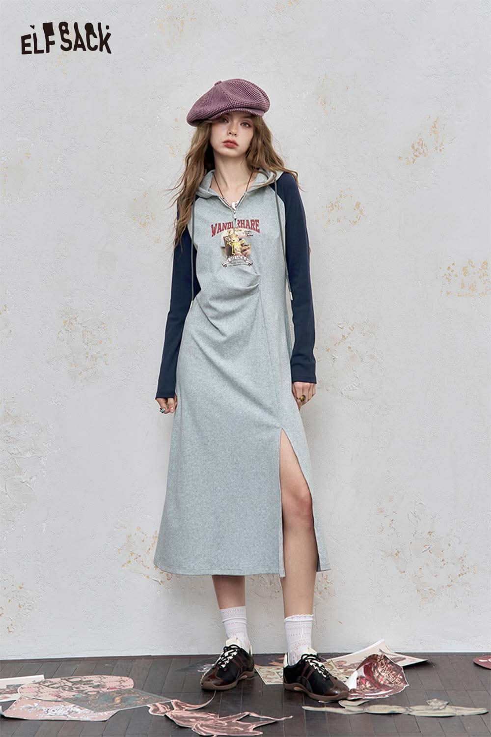 ELFSACK graphic print shirred waist dress with hoodie and side slit for a trendy casual look
