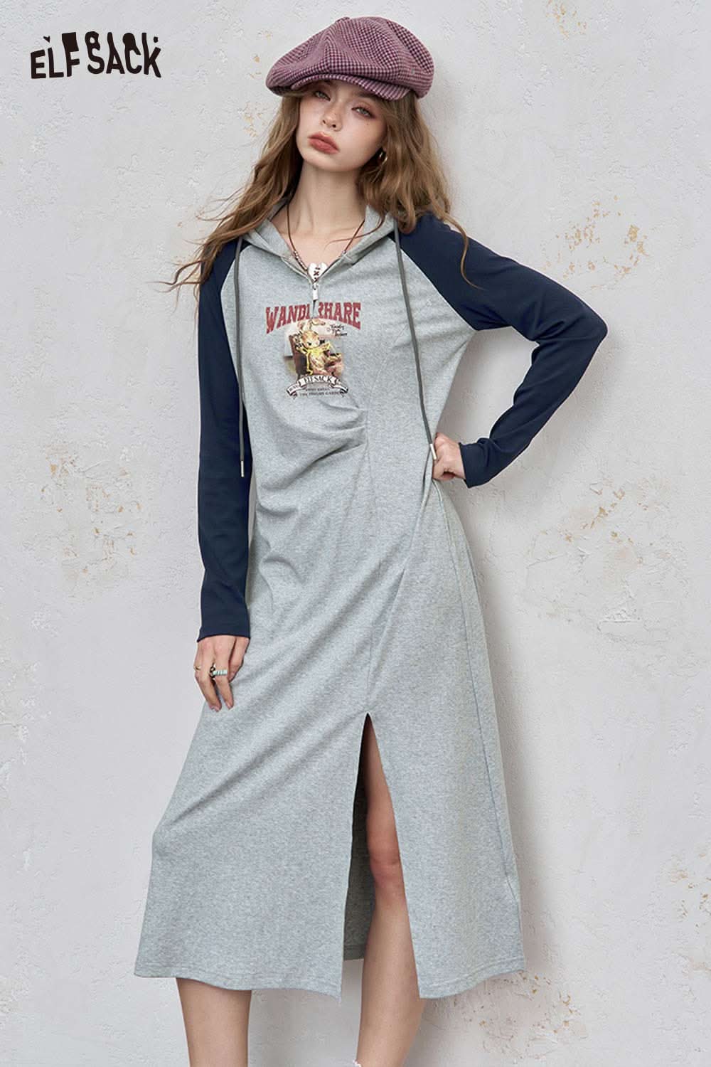 ELFSACK graphic print shirred waist dress with sporty design and stylish slit for a trendy look