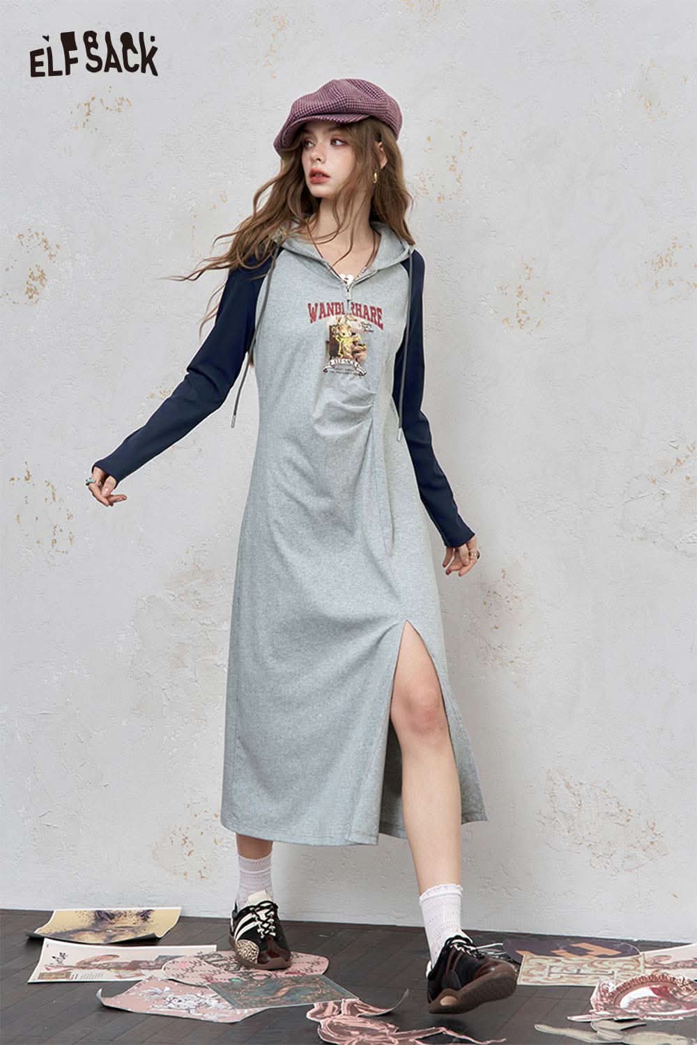 ELFSACK graphic print shirred waist dress with a stylish design and side slit for a trendy look