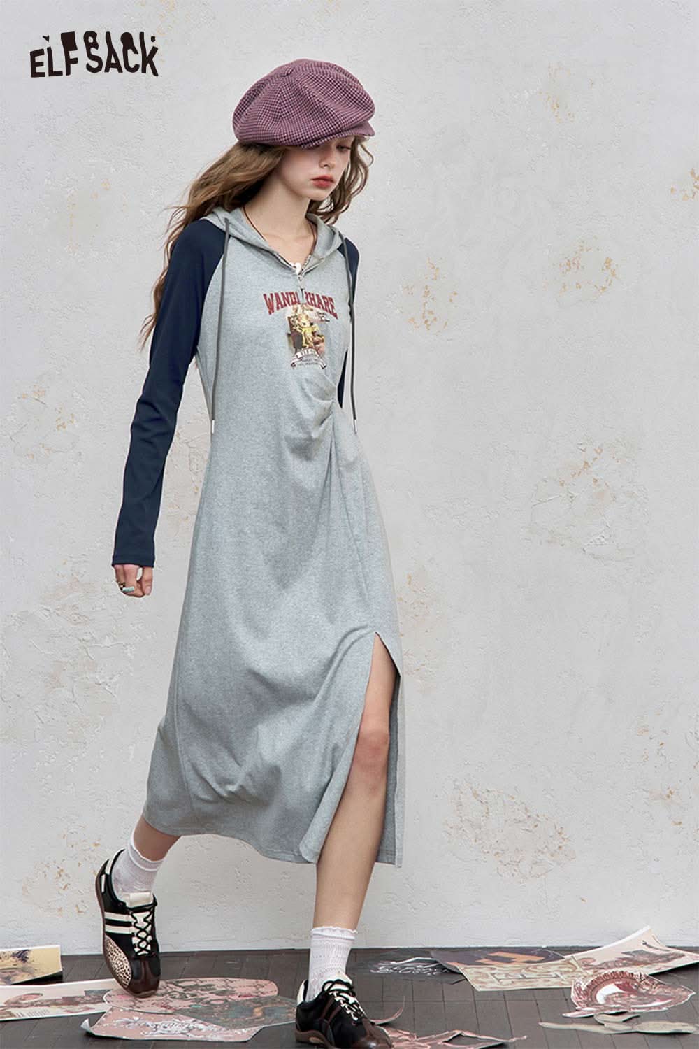 ELFSACK graphic print shirred waist dress with a hood and contrast sleeves for a stylish casual look