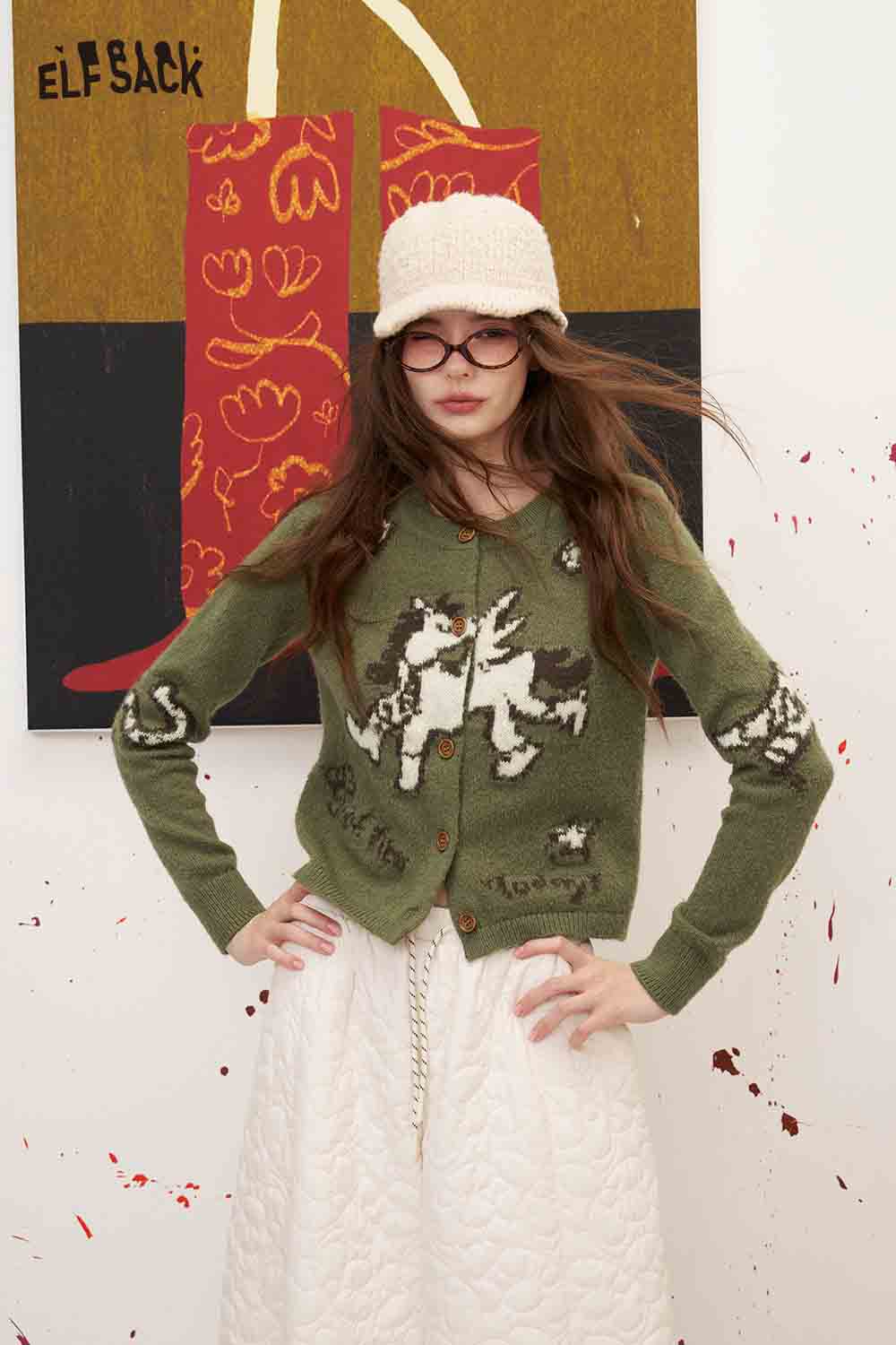 Green Cartoon Horse Knit Cardigan