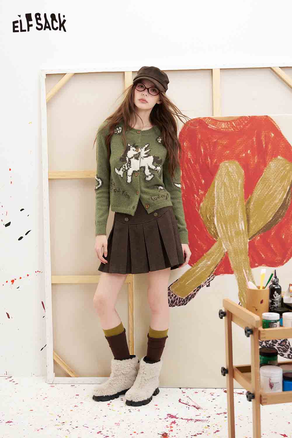 Green Cartoon Horse Knit Cardigan
