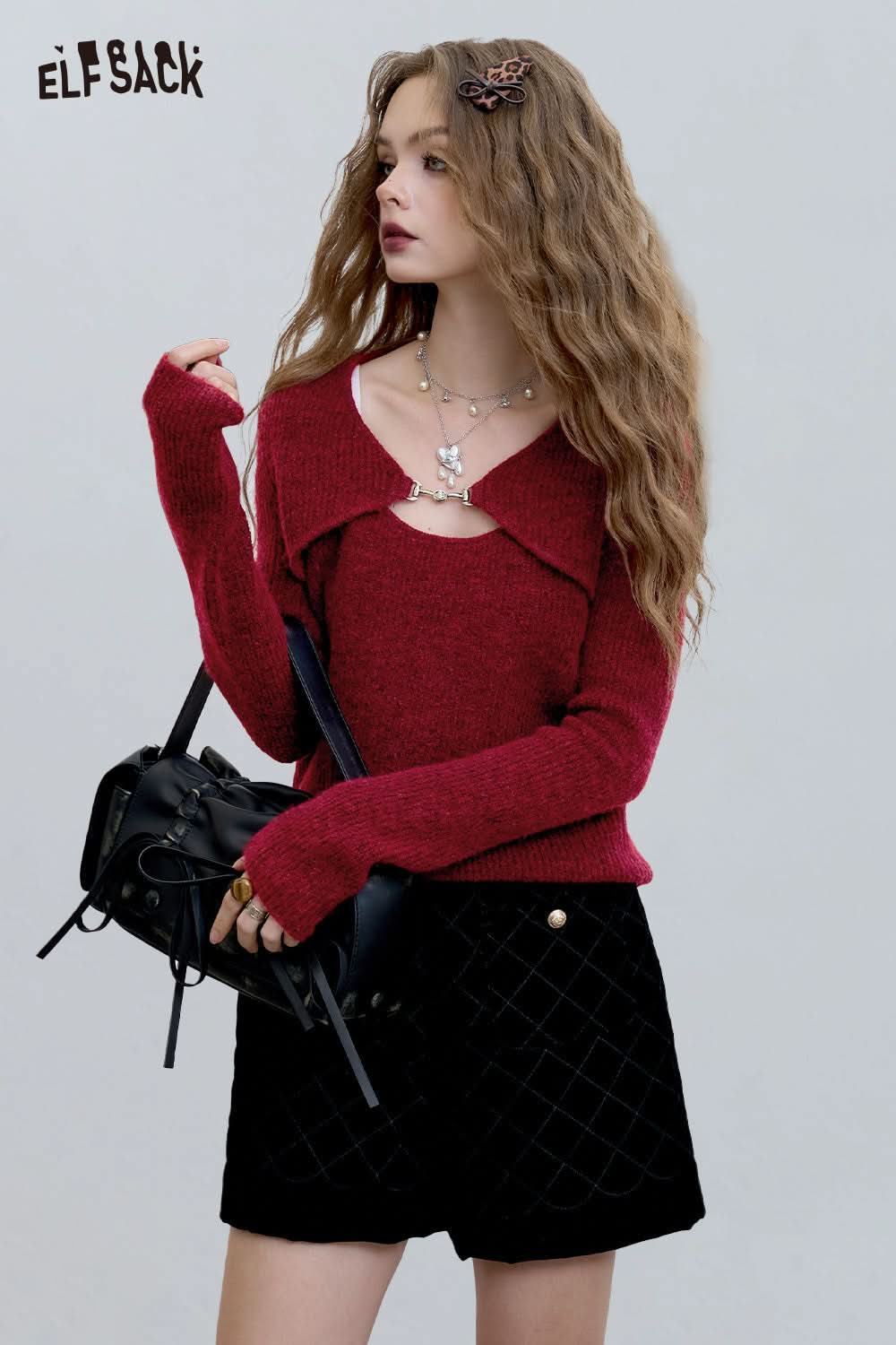 ELFSACK Halloween knitted long sleeve top in burgundy with stylish cut-out design and long sleeves