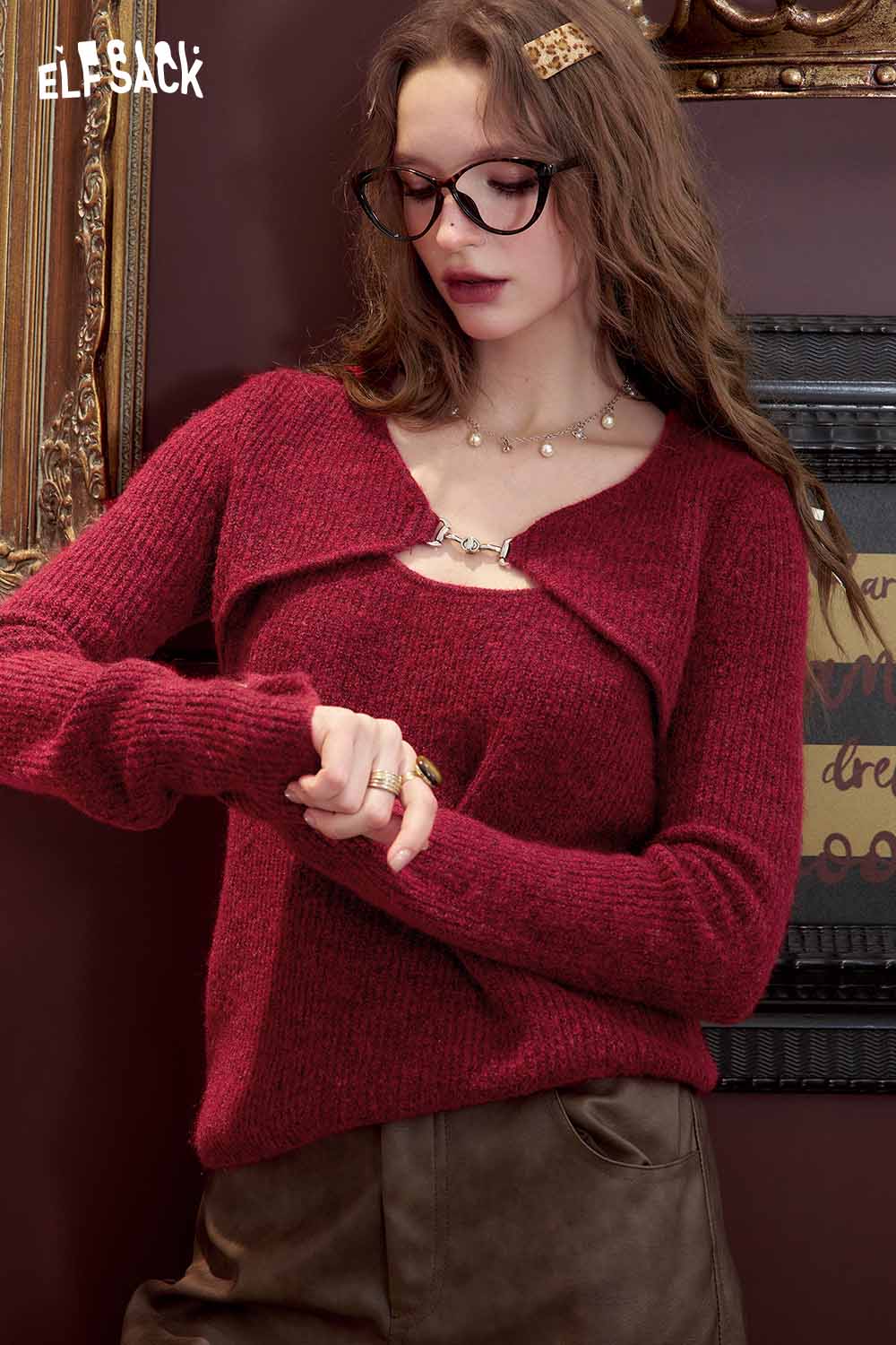 ELFSACK Halloween knitted long sleeve top in burgundy with stylish cut-out design