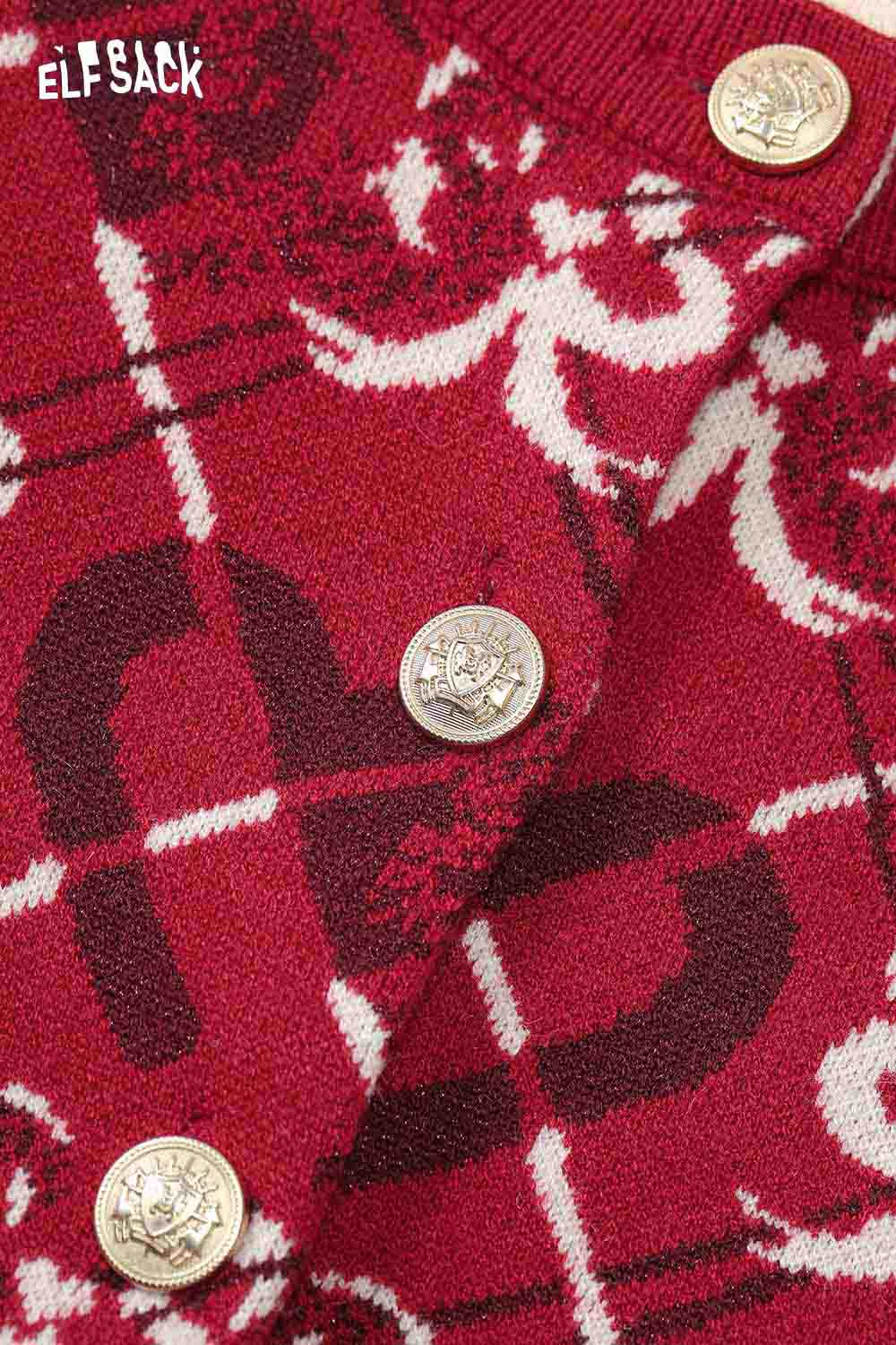 ELFSACK heart bow print cardigan featuring a cozy knit design in red with stylish button details