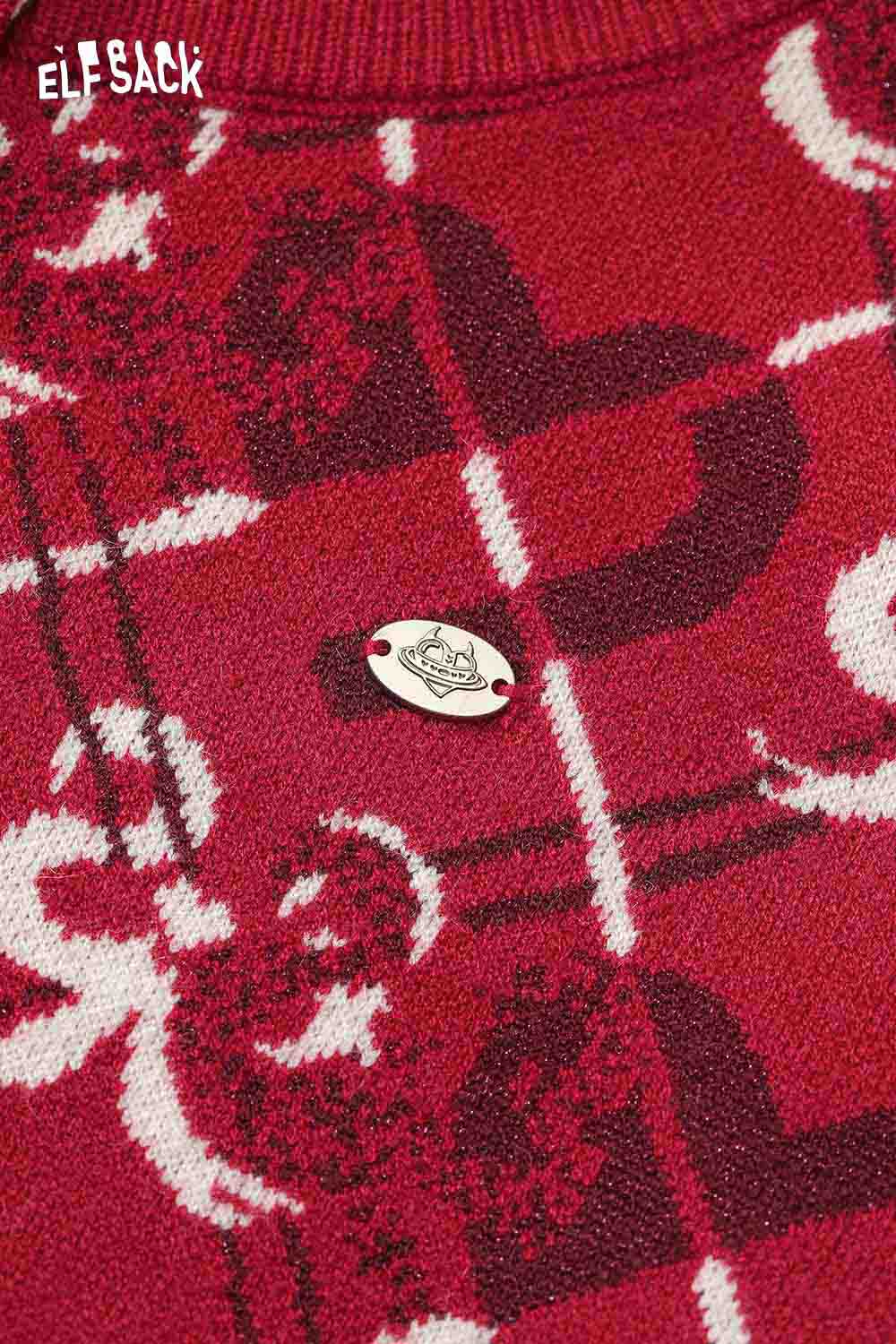 ELFSACK heart bow print cardigan in red with a textured pattern and logo detailing