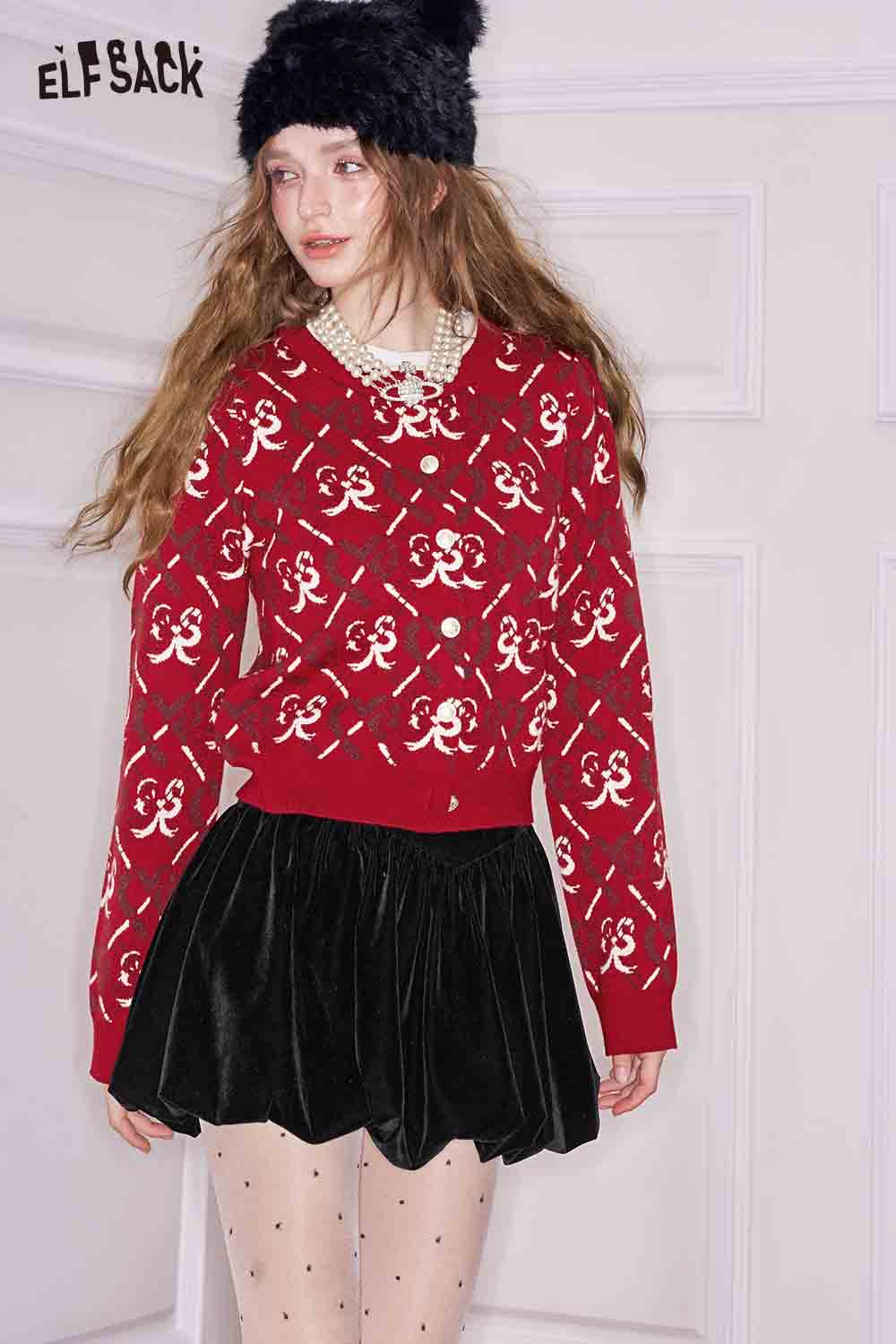 ELFSACK heart bow print cardigan in red with a stylish design, paired with a black skirt for a chic look