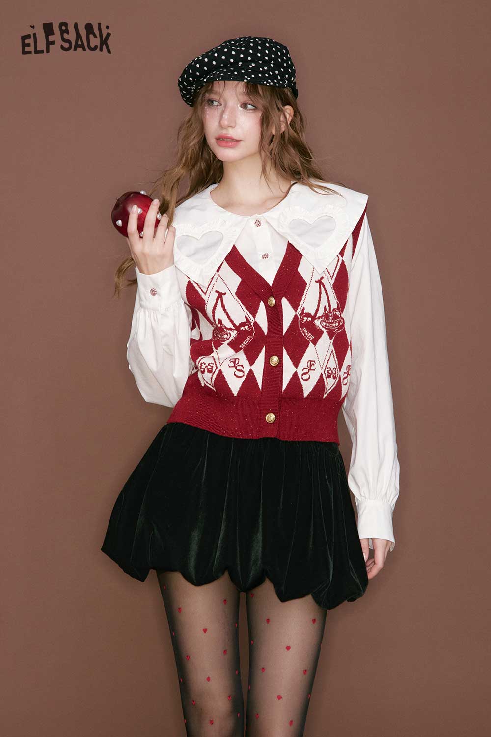 ELFSACK heart collar blouse for women with an argyle vest and a playful style
