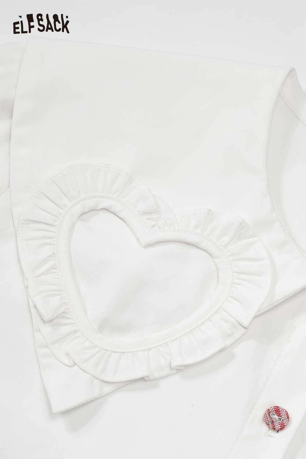 ELFSACK heart collar blouse for women featuring ruffled heart-shaped design on white fabric